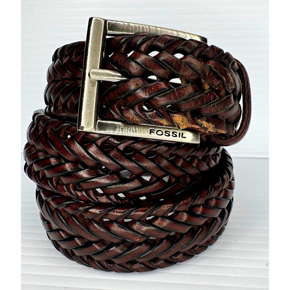 Fossil Men's Brown Braided/Woven Belt Sz 32 Silver Tone Buckle Logo